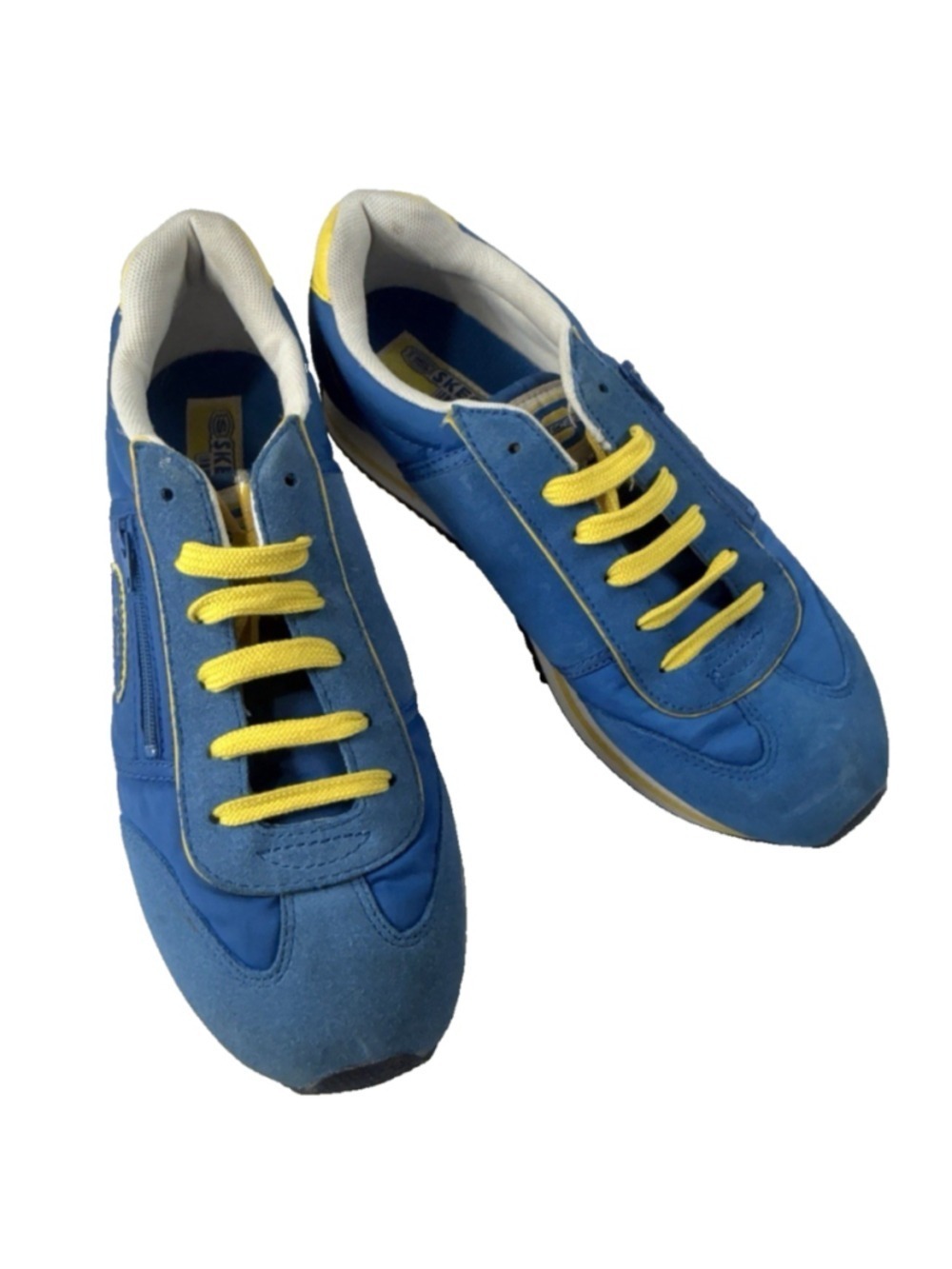 Skechers Vintage Active Sneakers size 7.5 blue Zip Pocket Suede Yellow Accents